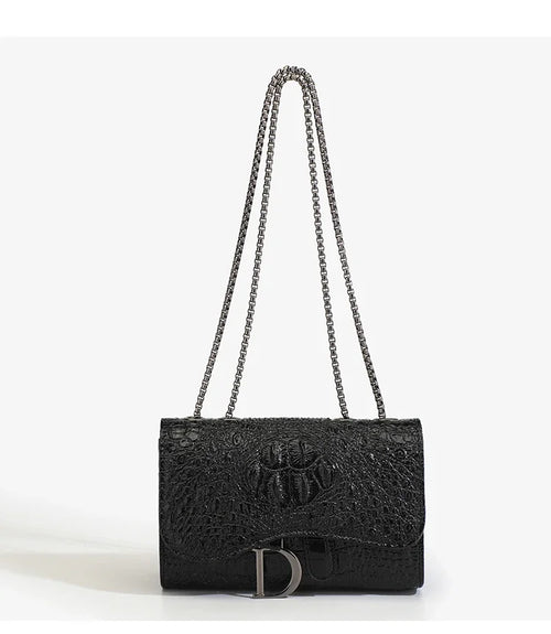 Fashion Ladies Croc Pattern Sequined Chain Crossbody Bag D‑Buckle Shoulder Messenger Handbag Women Evening Party Purse