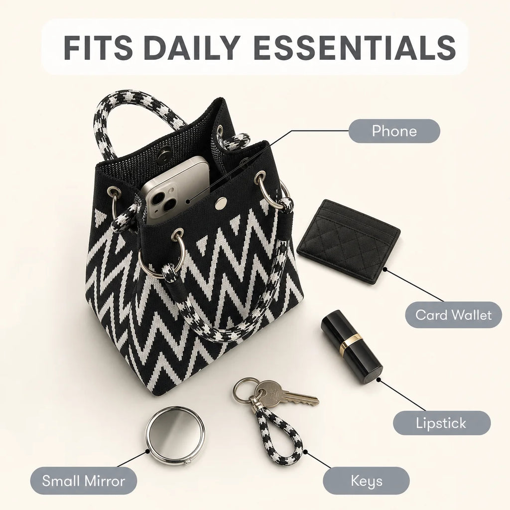 Geometric Mini Tote Bag Women Black Ivory Graphic Handbag Ring Handle Compact Daily Purse for Korean Style Outfits
