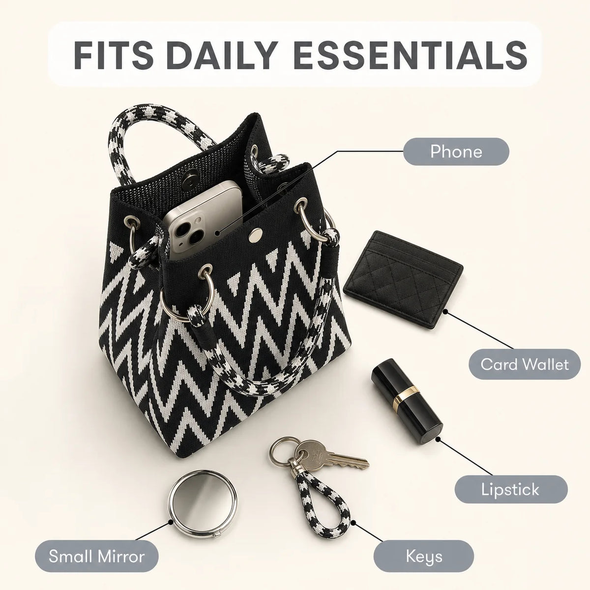 Geometric Mini Tote Bag Women Black Ivory Graphic Handbag Ring Handle Compact Daily Purse for Korean Style Outfits