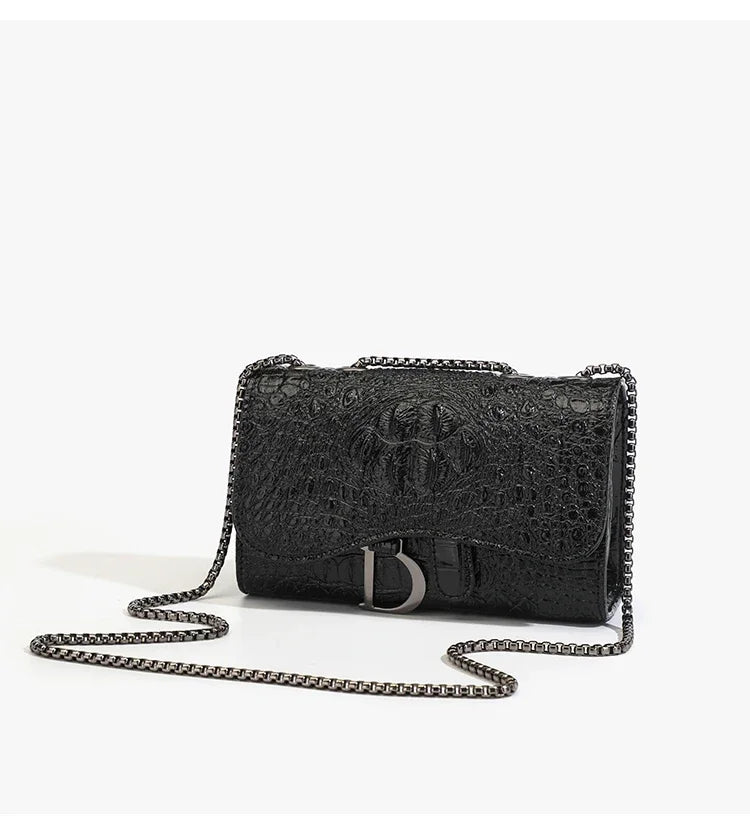 Fashion Ladies Croc Pattern Sequined Chain Crossbody Bag D‑Buckle Shoulder Messenger Handbag Women Evening Party Purse