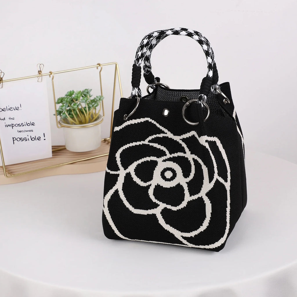 Geometric Mini Tote Bag Women Black Ivory Graphic Handbag Ring Handle Compact Daily Purse for Korean Style Outfits
