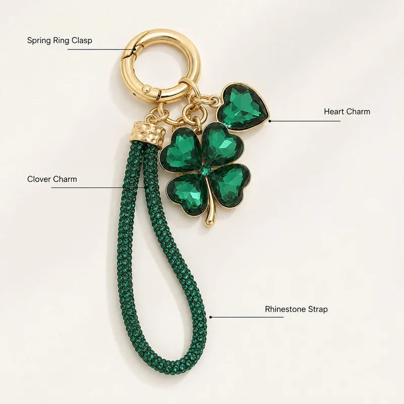 Four Leaf Clover Keychain for Women Rhinestone Bag Charm with Wrist Strap Lucky Car Key Ring Handbag Accessory Gift