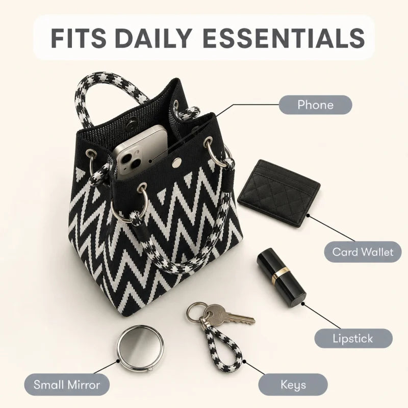 Geometric Mini Tote Bag Women Black Ivory Graphic Handbag Ring Handle Compact Daily Purse for Korean Style Outfits
