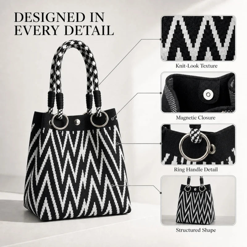 Geometric Mini Tote Bag Women Black Ivory Graphic Handbag Ring Handle Compact Daily Purse for Korean Style Outfits