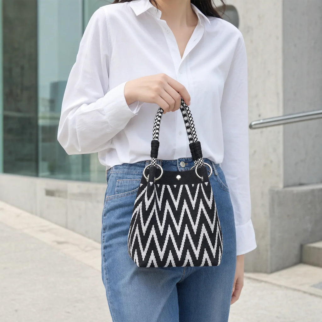 Geometric Mini Tote Bag Women Black Ivory Graphic Handbag Ring Handle Compact Daily Purse for Korean Style Outfits
