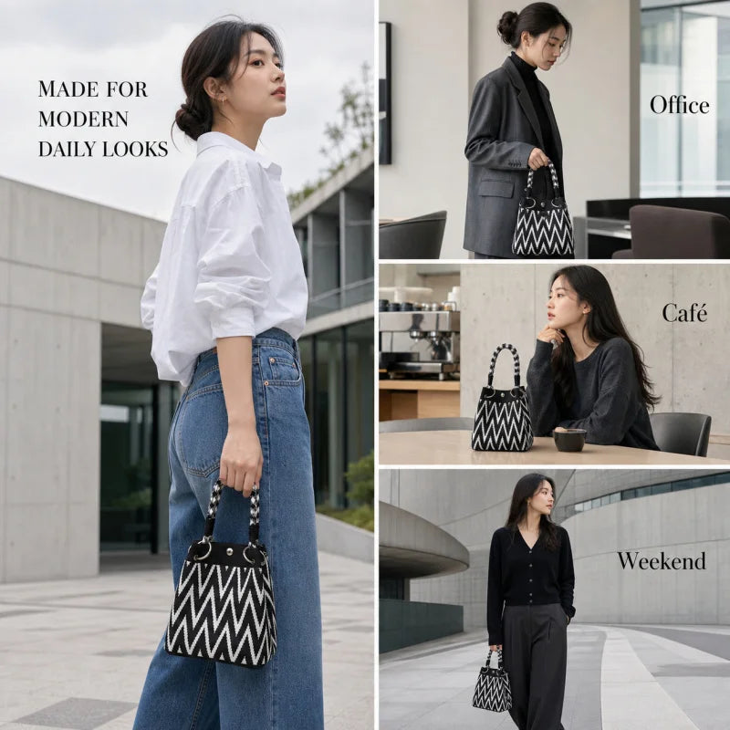 Geometric Mini Tote Bag Women Black Ivory Graphic Handbag Ring Handle Compact Daily Purse for Korean Style Outfits