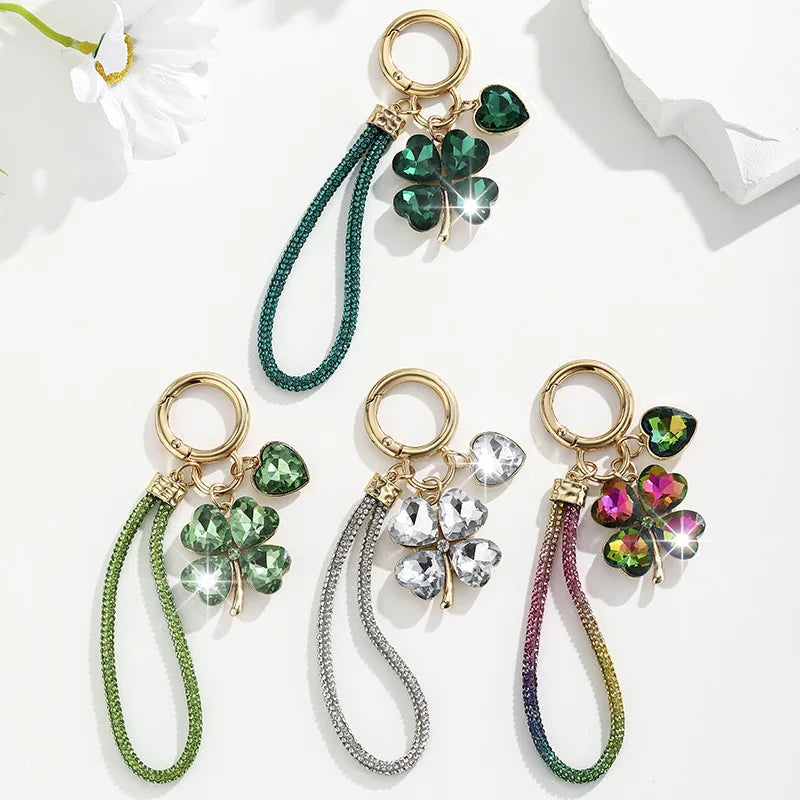 Four Leaf Clover Keychain for Women Rhinestone Bag Charm with Wrist Strap Lucky Car Key Ring Handbag Accessory Gift