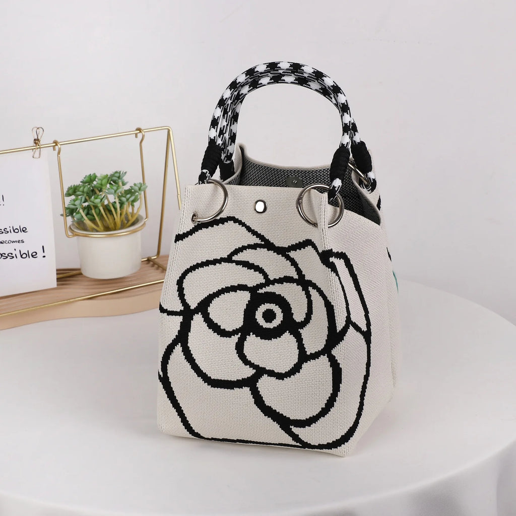 Geometric Mini Tote Bag Women Black Ivory Graphic Handbag Ring Handle Compact Daily Purse for Korean Style Outfits