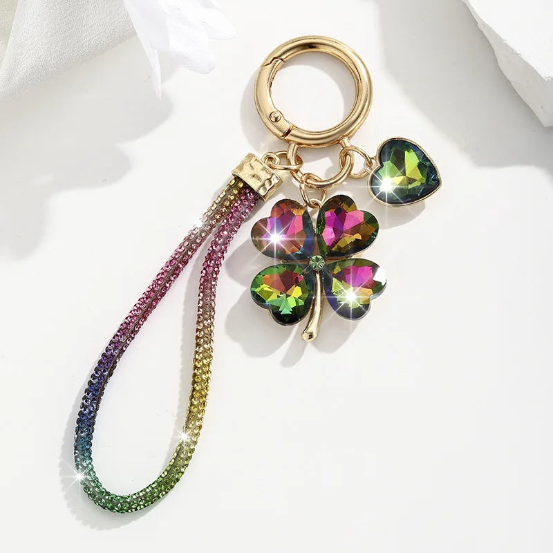 Four Leaf Clover Keychain for Women Rhinestone Bag Charm with Wrist Strap Lucky Car Key Ring Handbag Accessory Gift