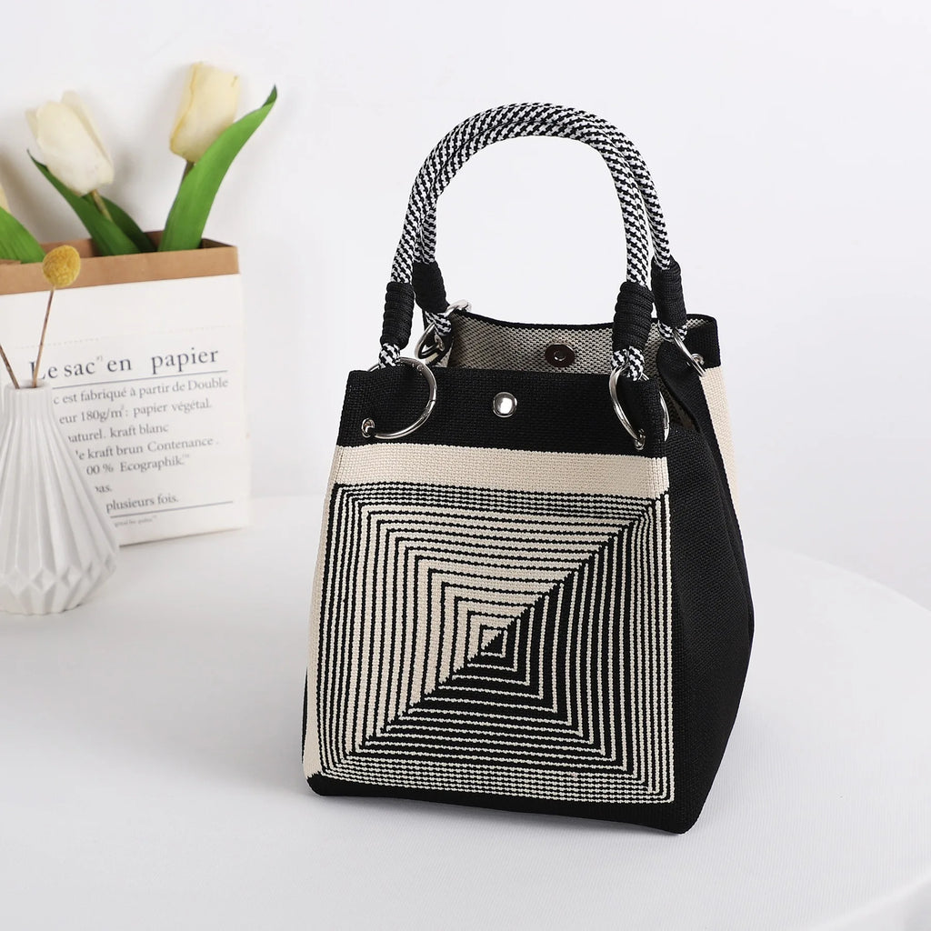 Geometric Mini Tote Bag Women Black Ivory Graphic Handbag Ring Handle Compact Daily Purse for Korean Style Outfits