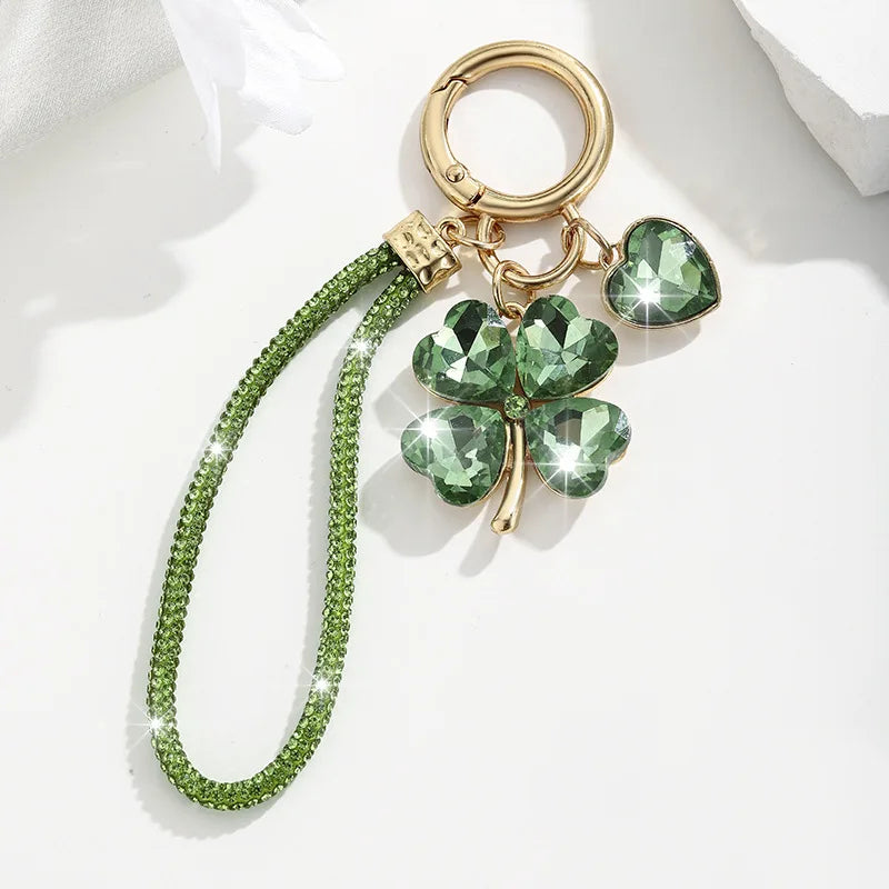 Four Leaf Clover Keychain for Women Rhinestone Bag Charm with Wrist Strap Lucky Car Key Ring Handbag Accessory Gift