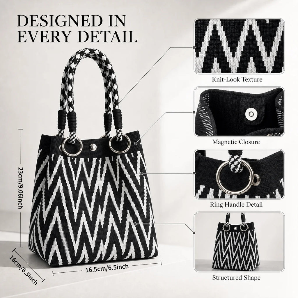 Geometric Mini Tote Bag Women Black Ivory Graphic Handbag Ring Handle Compact Daily Purse for Korean Style Outfits