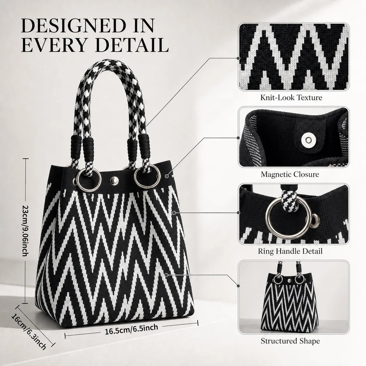 Geometric Mini Tote Bag Women Black Ivory Graphic Handbag Ring Handle Compact Daily Purse for Korean Style Outfits