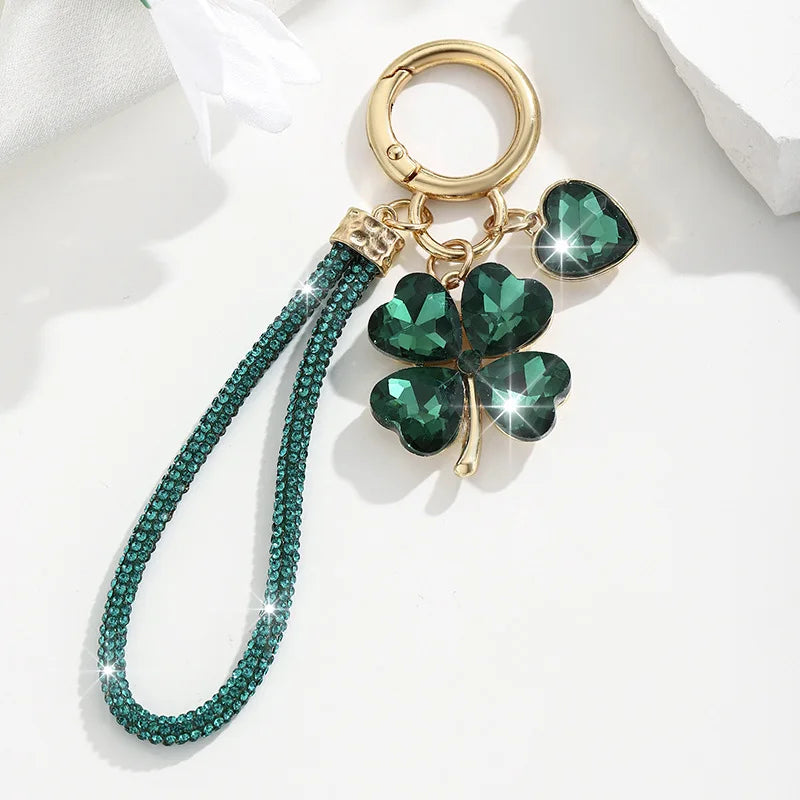 Four Leaf Clover Keychain for Women Rhinestone Bag Charm with Wrist Strap Lucky Car Key Ring Handbag Accessory Gift