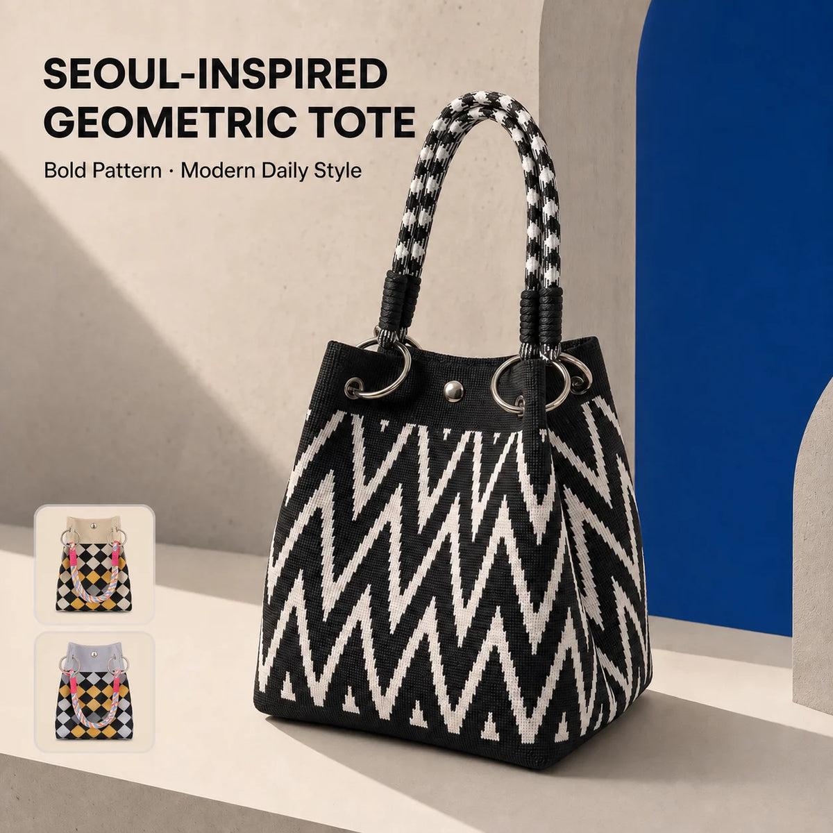 Geometric Mini Tote Bag Women Black Ivory Graphic Handbag Ring Handle Compact Daily Purse for Korean Style Outfits