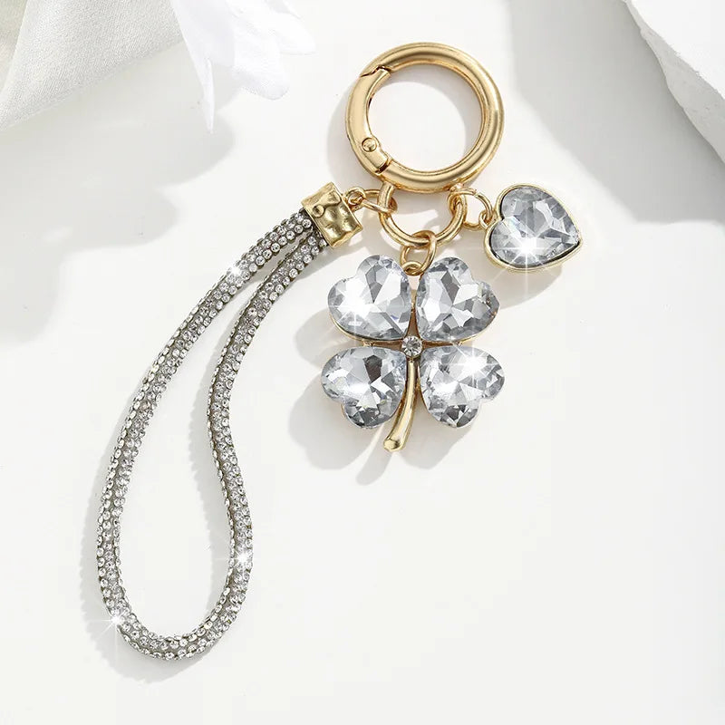 Four Leaf Clover Keychain for Women Rhinestone Bag Charm with Wrist Strap Lucky Car Key Ring Handbag Accessory Gift