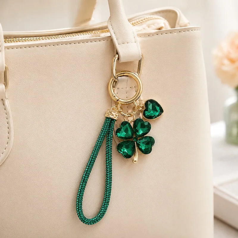 Four Leaf Clover Keychain for Women Rhinestone Bag Charm with Wrist Strap Lucky Car Key Ring Handbag Accessory Gift