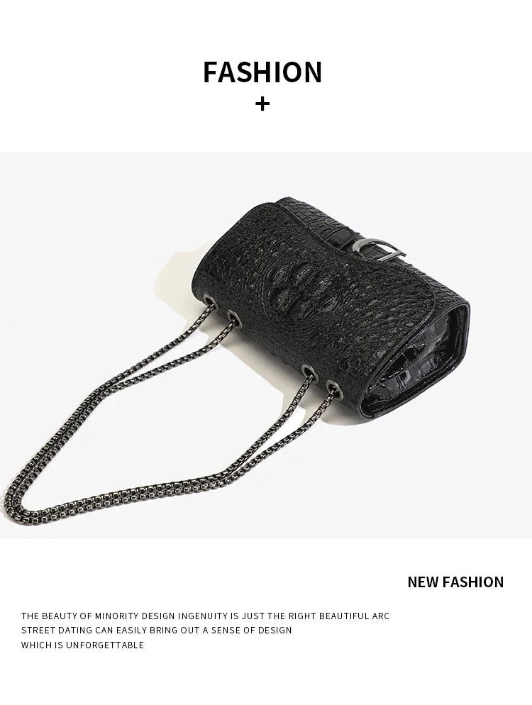 Fashion Ladies Croc Pattern Sequined Chain Crossbody Bag D‑Buckle Shoulder Messenger Handbag Women Evening Party Purse