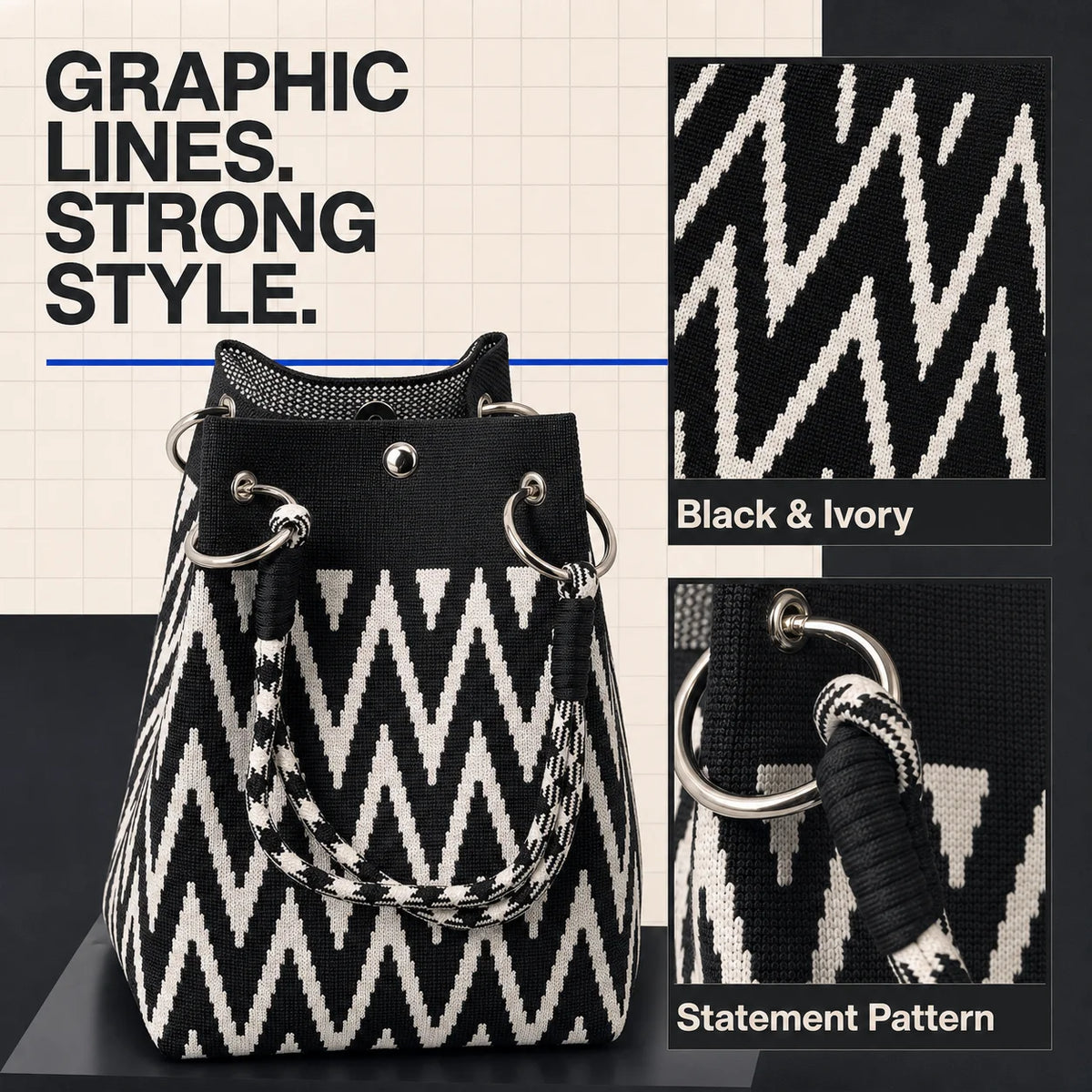 Geometric Mini Tote Bag Women Black Ivory Graphic Handbag Ring Handle Compact Daily Purse for Korean Style Outfits