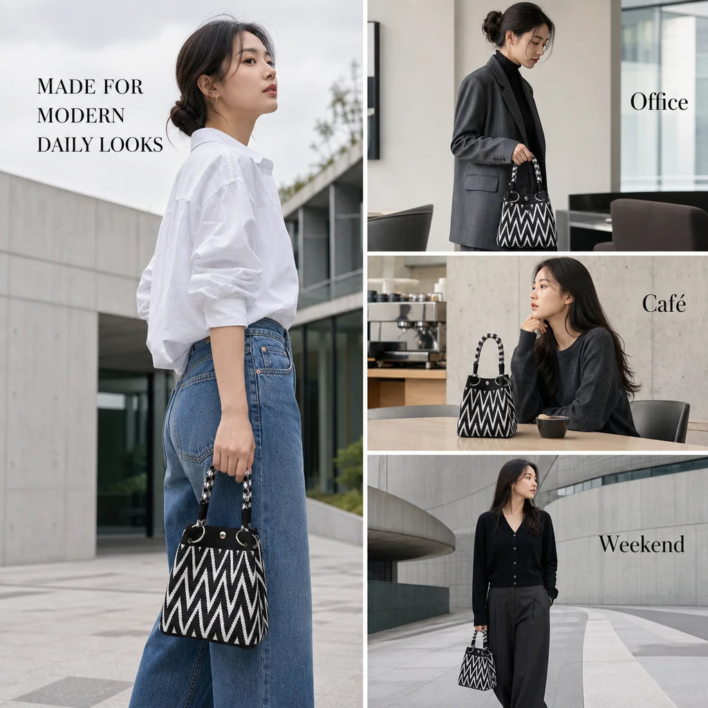 Geometric Mini Tote Bag Women Black Ivory Graphic Handbag Ring Handle Compact Daily Purse for Korean Style Outfits