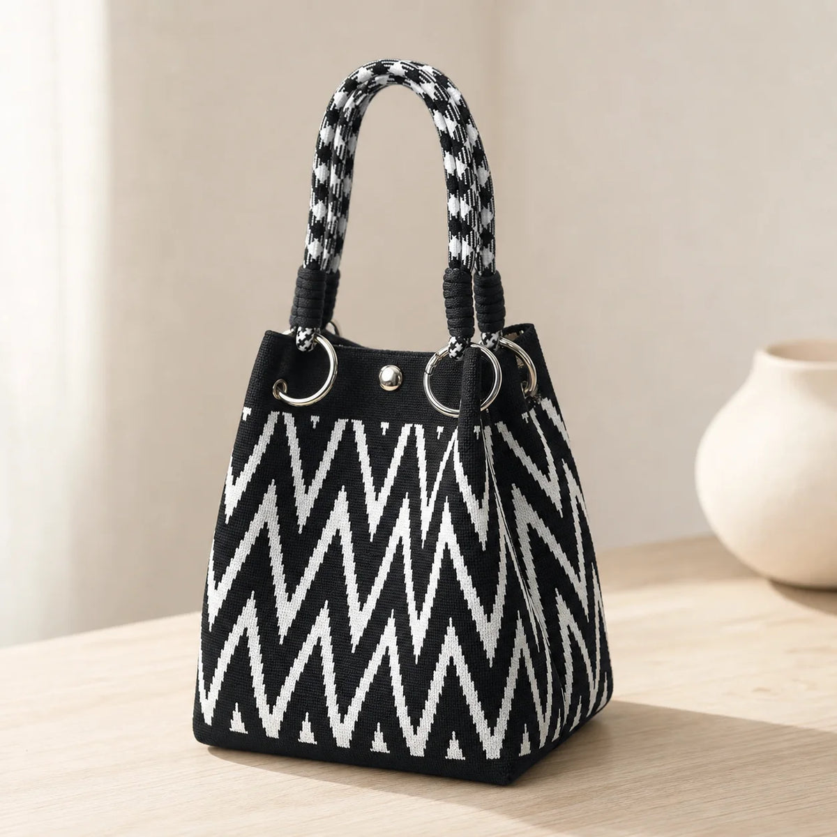 Geometric Mini Tote Bag Women Black Ivory Graphic Handbag Ring Handle Compact Daily Purse for Korean Style Outfits